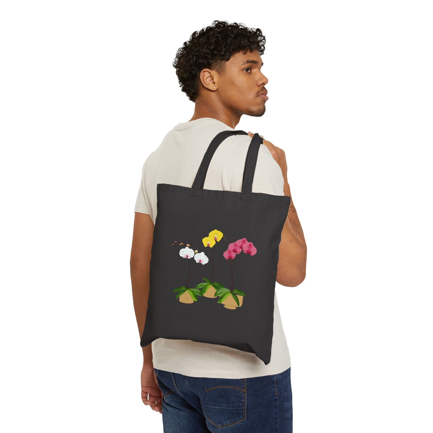Colorful Orchid Trio Plant and Flower Lover Canvas Tote Bag - Black