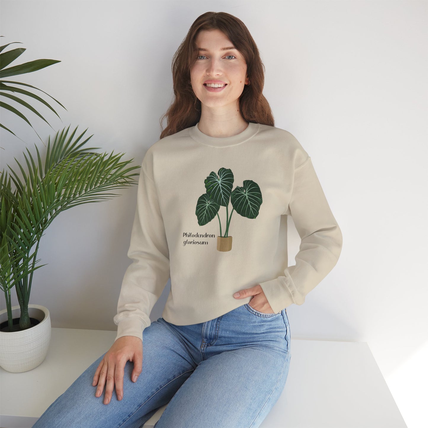 Philodendron Gloriosum Plant Lover Crewneck Sweatshirt - Beige