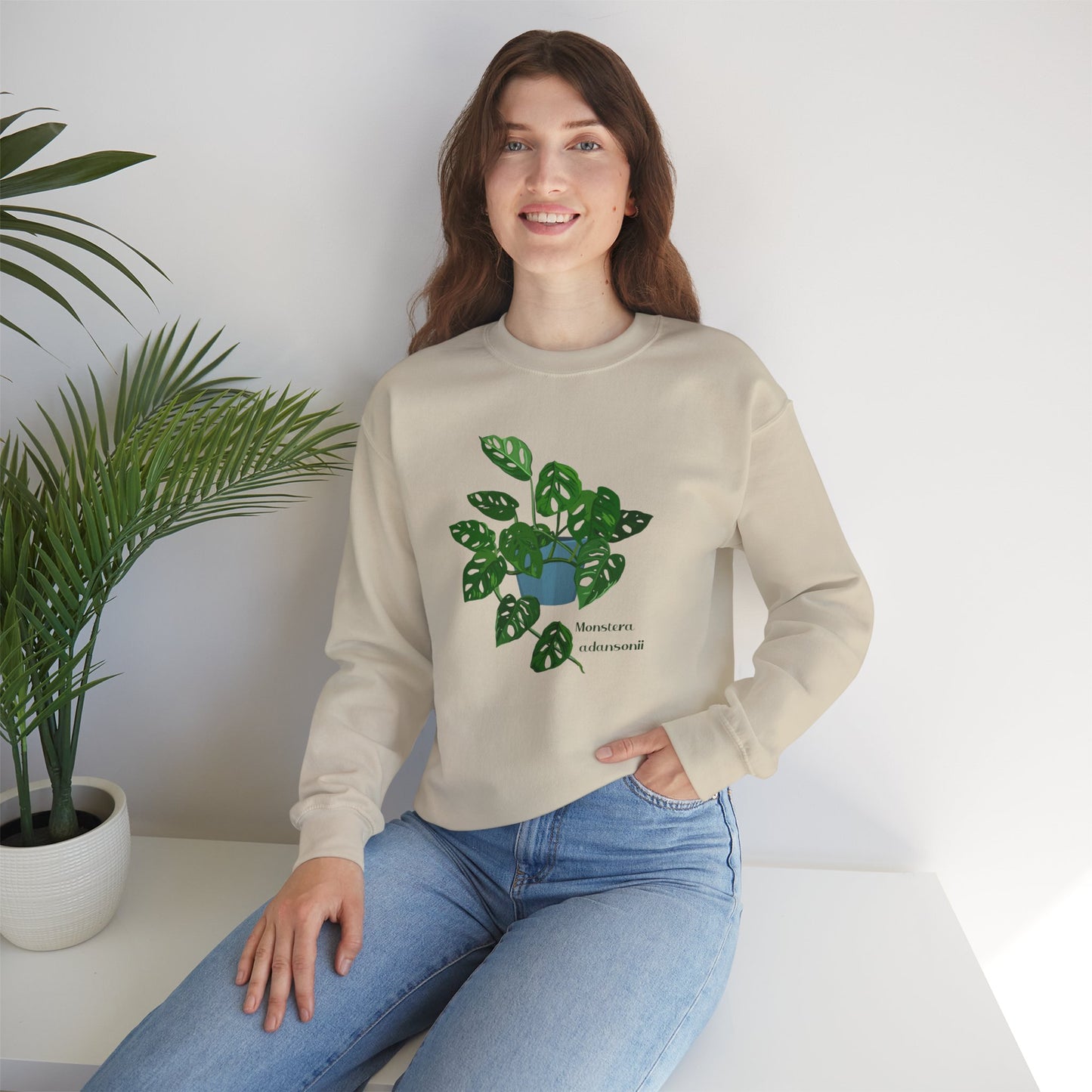 Monstera Adansonii Plant Lover Crewneck Sweatshirt - Beige