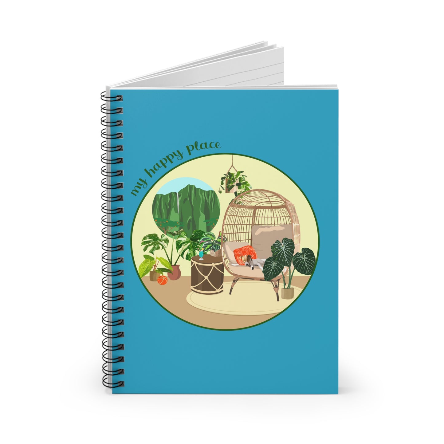 My Happy Place "Happy Hour" spiral notebook with ruled line paper. Great for writing down plant wish list, new ideas, to do list, shopping list and journal. Perfect gift for plant lovers.