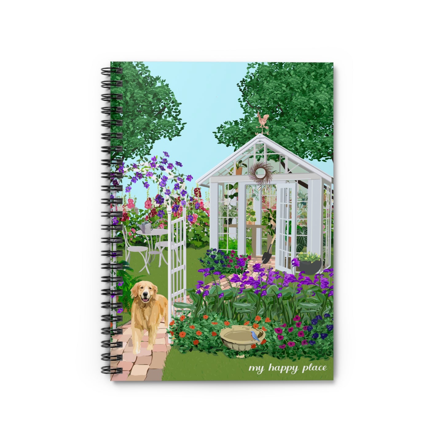 My Happy Place "Greenhouse" spiral notebook with ruled line paper. Great for writing down plant wish list, new ideas, to do list, shopping list and journal. Perfect gift for plant lovers.