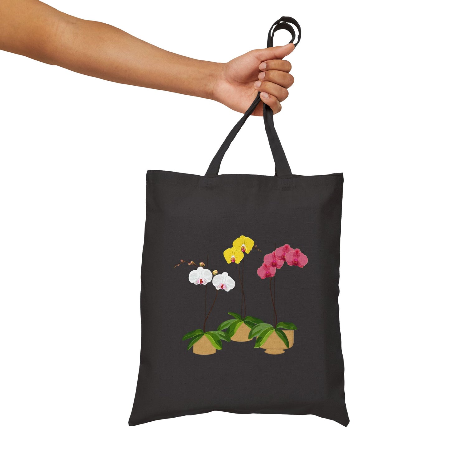 Colorful Orchid Trio Plant and Flower Lover Canvas Tote Bag - Black