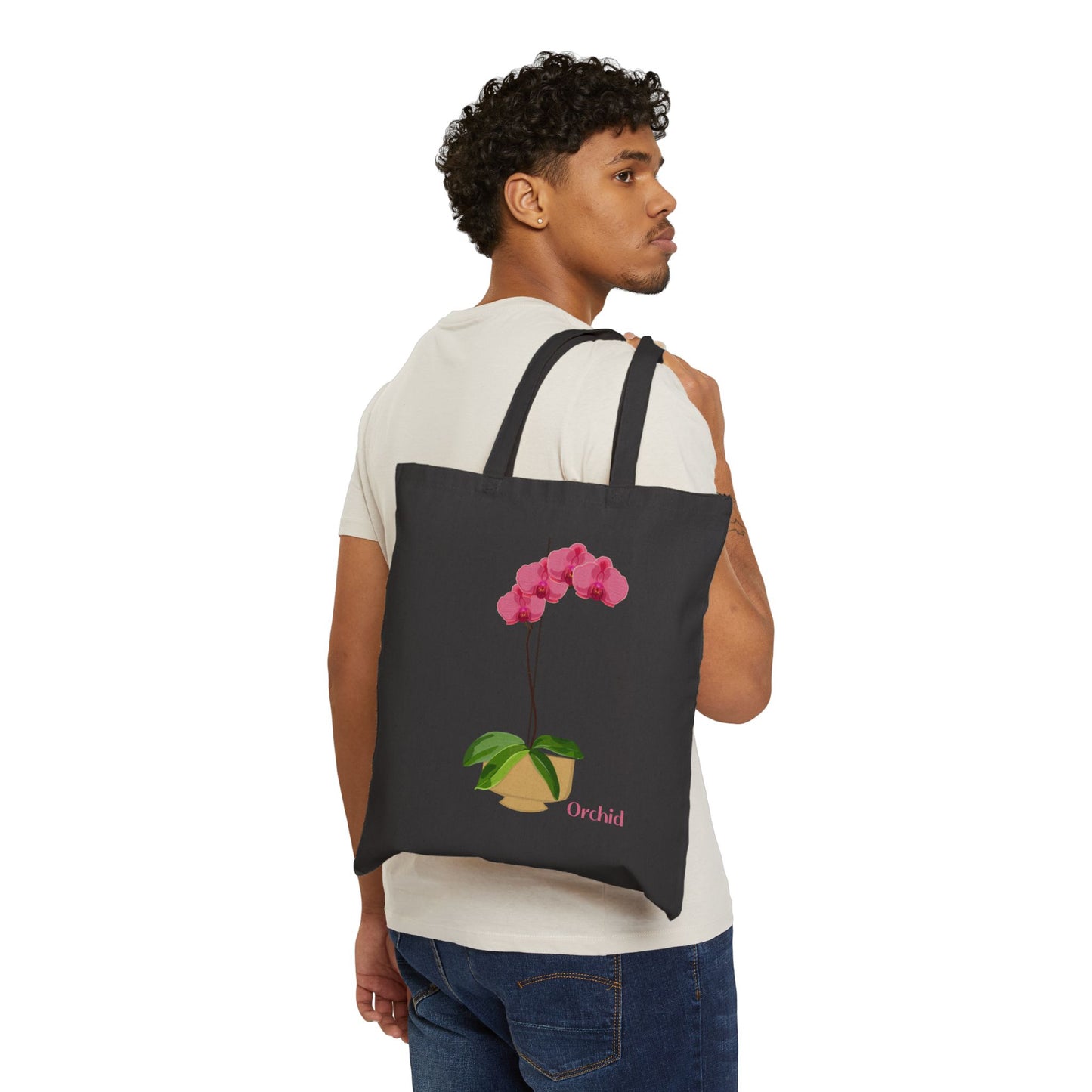 Pink Orchid Plant and Flower Lover Canvas Tote Bag - Black