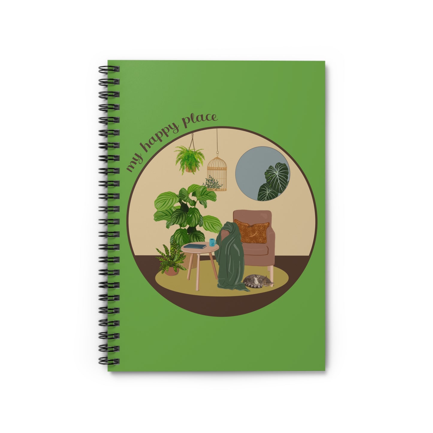 My Happy Place "Reading Nook" spiral notebook with ruled line paper. Great for writing down plant wish list, new ideas, to do list, shopping list and journal. Perfect gift for plant lovers.