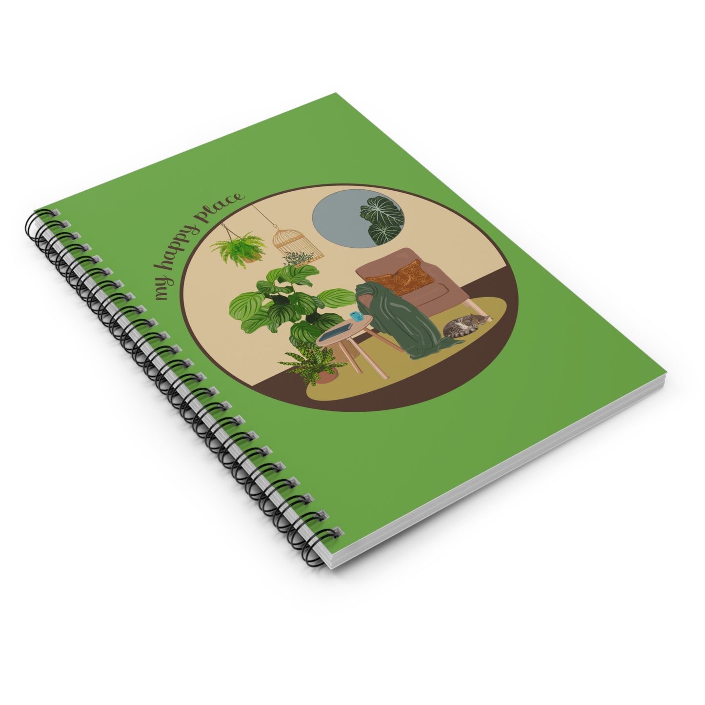 My Happy Place "Reading Nook" spiral notebook with ruled line paper. Great for writing down plant wish list, new ideas, to do list, shopping list and journal. Perfect gift for plant lovers.