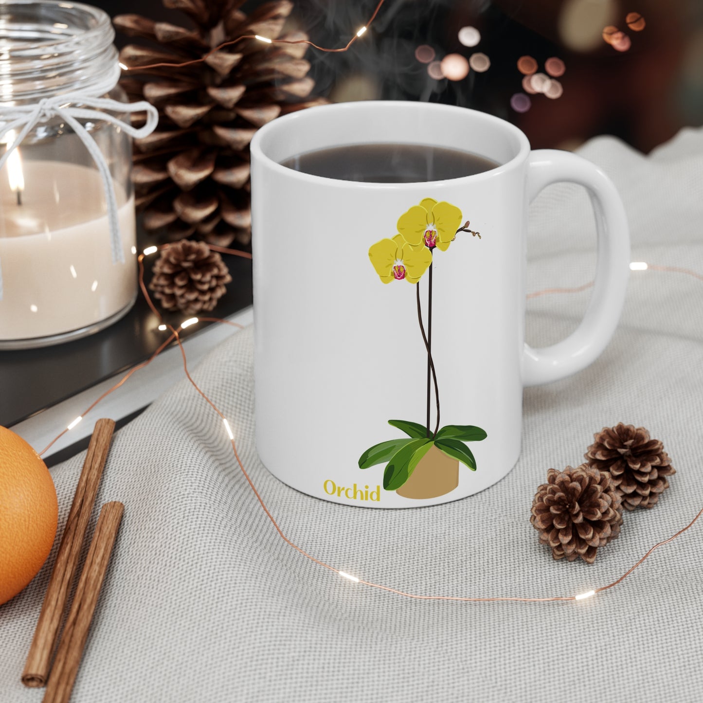 Yellow Orchid Plant and Flower Lover Mug - White
