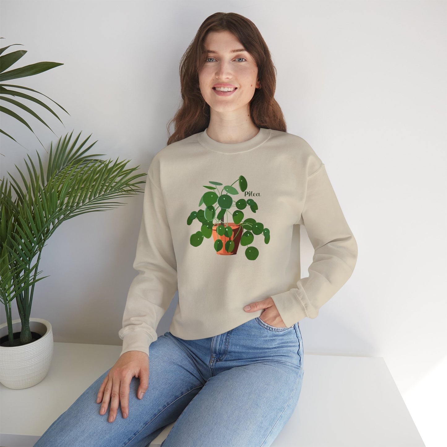 Pilea Peperomioides 'Chinese Money Plant' Plant Lover Crewneck Sweatshirt - Beige