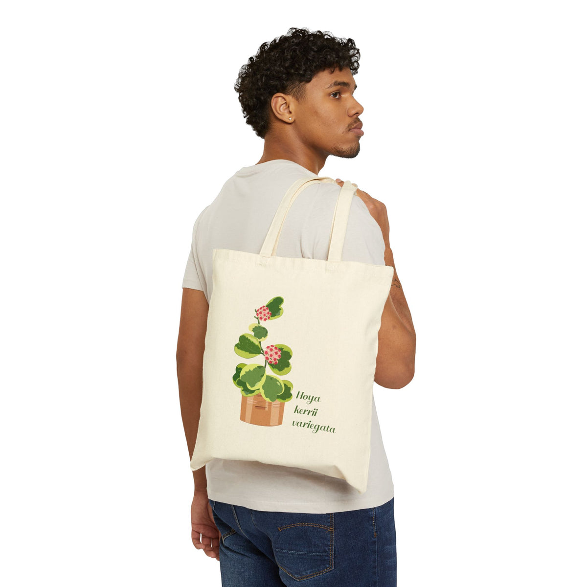 Blooming Hoya Kerrii Variegata Canvas Tote Bag | Potted Houseplant Illustration, Plant Lover Tote