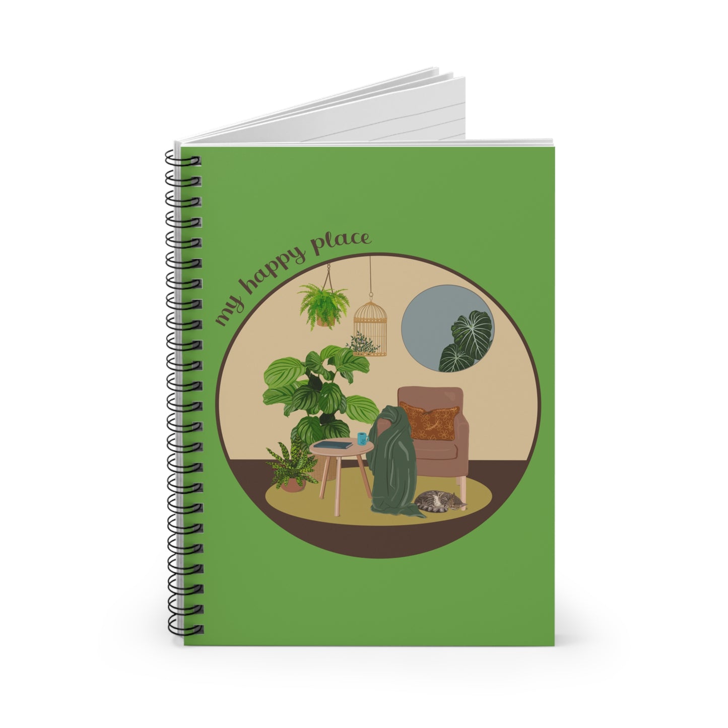 My Happy Place "Reading Nook" spiral notebook with ruled line paper. Great for writing down plant wish list, new ideas, to do list, shopping list and journal. Perfect gift for plant lovers.