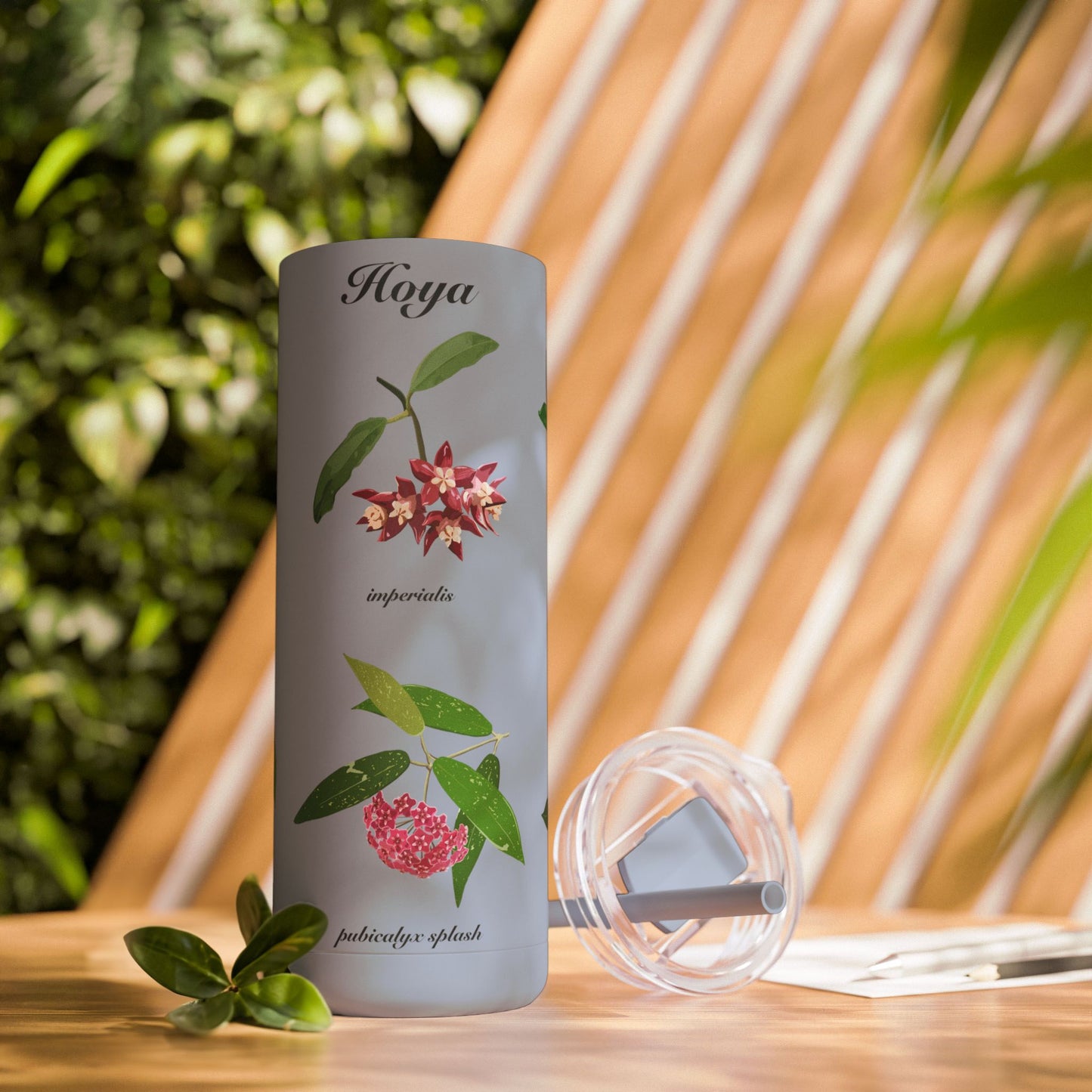 Hoyas in Bloom Design on Dusty Blue Tumbler by Maars Maker, 20oz. Thermos Cup for Plant Lovers