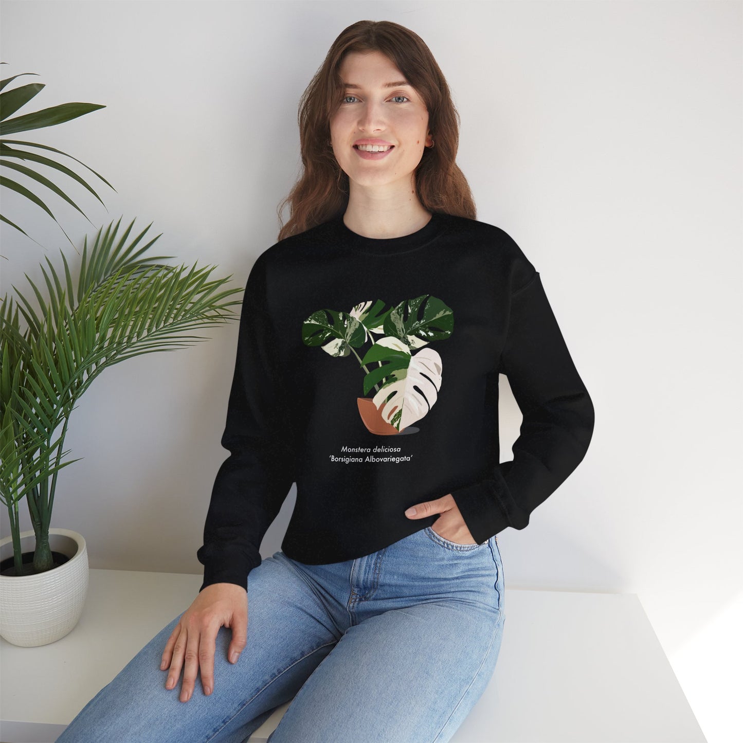 Monstera Deliciosa Borsigiana Albovariegata Plant Lover Crewneck Sweatshirt - Black