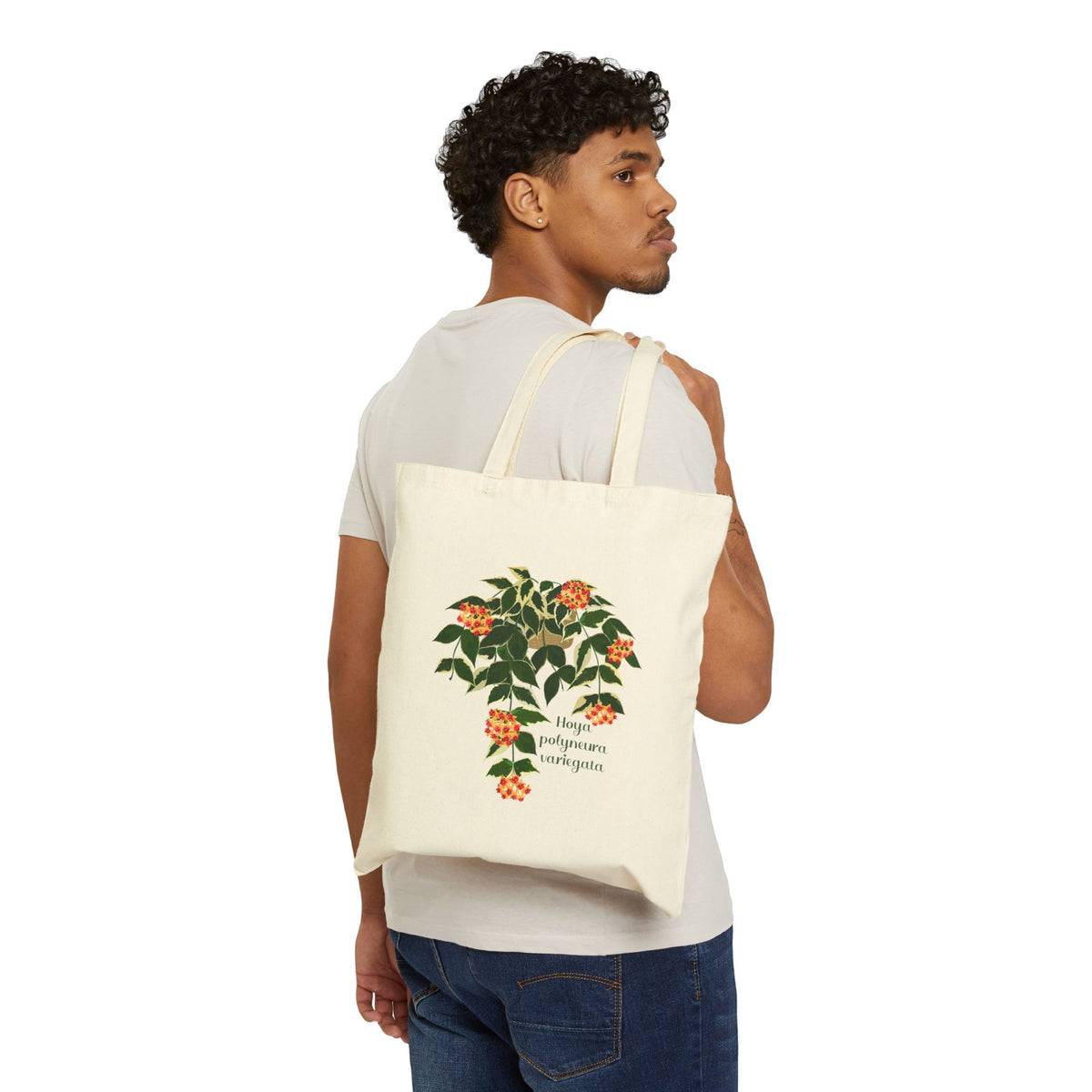 Blooming Hoya Polyneura Variegata Canvas Tote Bag | Potted Houseplant Illustration, Plant Lover Tote