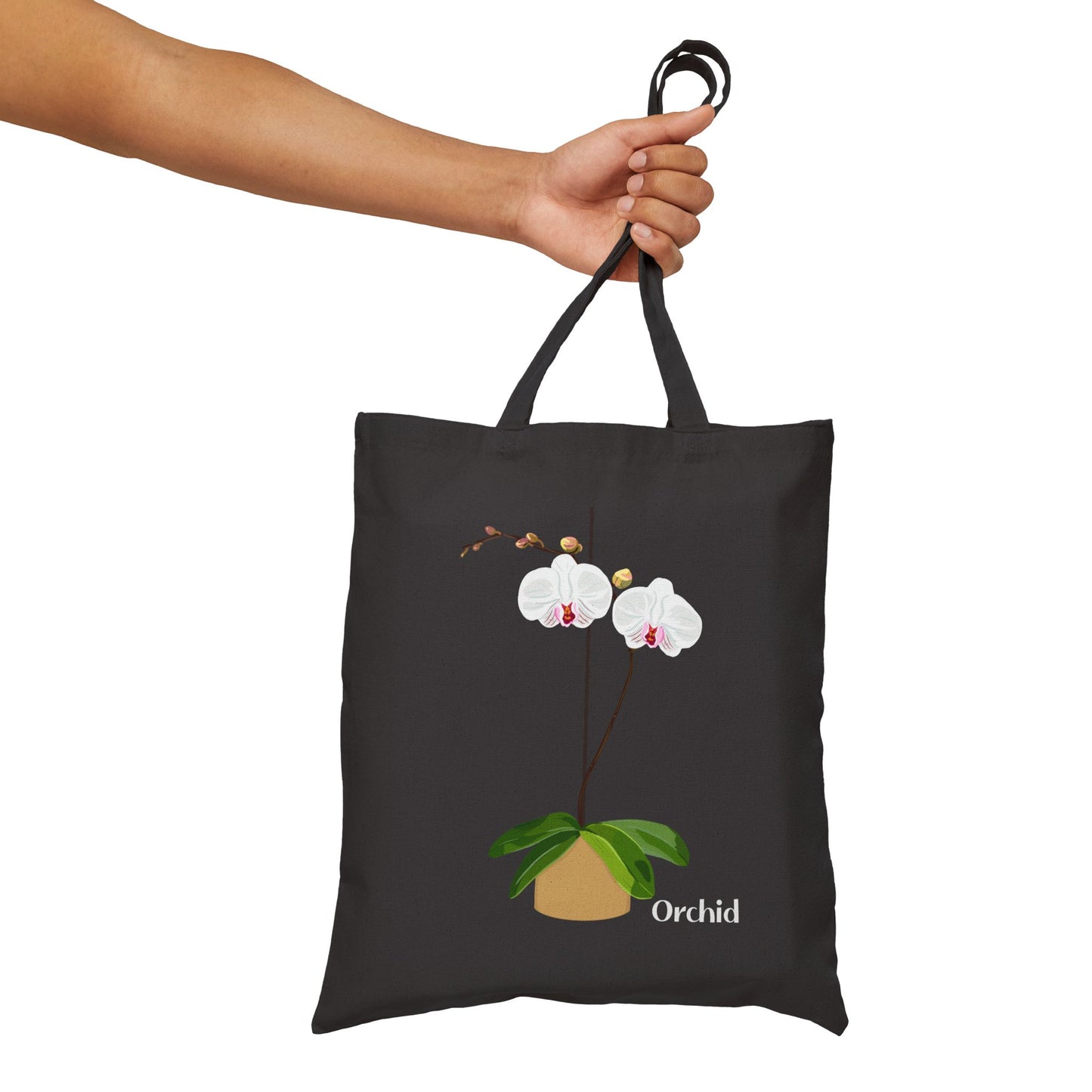 White Orchid Plant and Flower Lover Canvas Tote Bag - Black