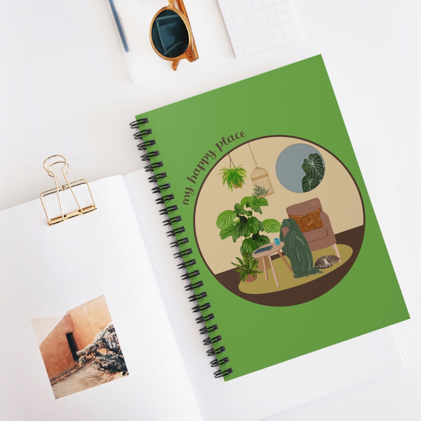 My Happy Place "Reading Nook" spiral notebook with ruled line paper. Great for writing down plant wish list, new ideas, to do list, shopping list and journal. Perfect gift for plant lovers.