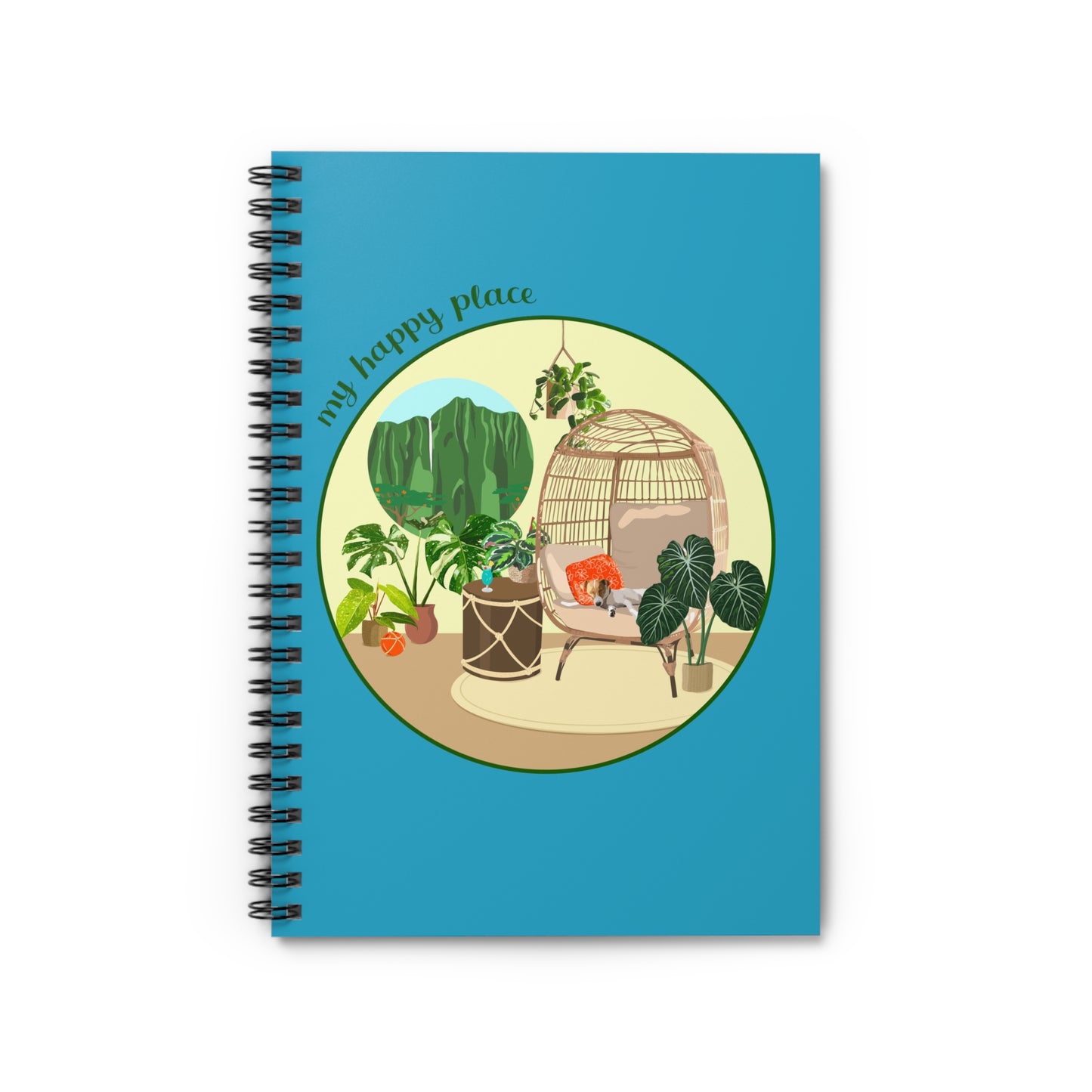 My Happy Place "Happy Hour" spiral notebook with ruled line paper. Great for writing down plant wish list, new ideas, to do list, shopping list and journal. Perfect gift for plant lovers.