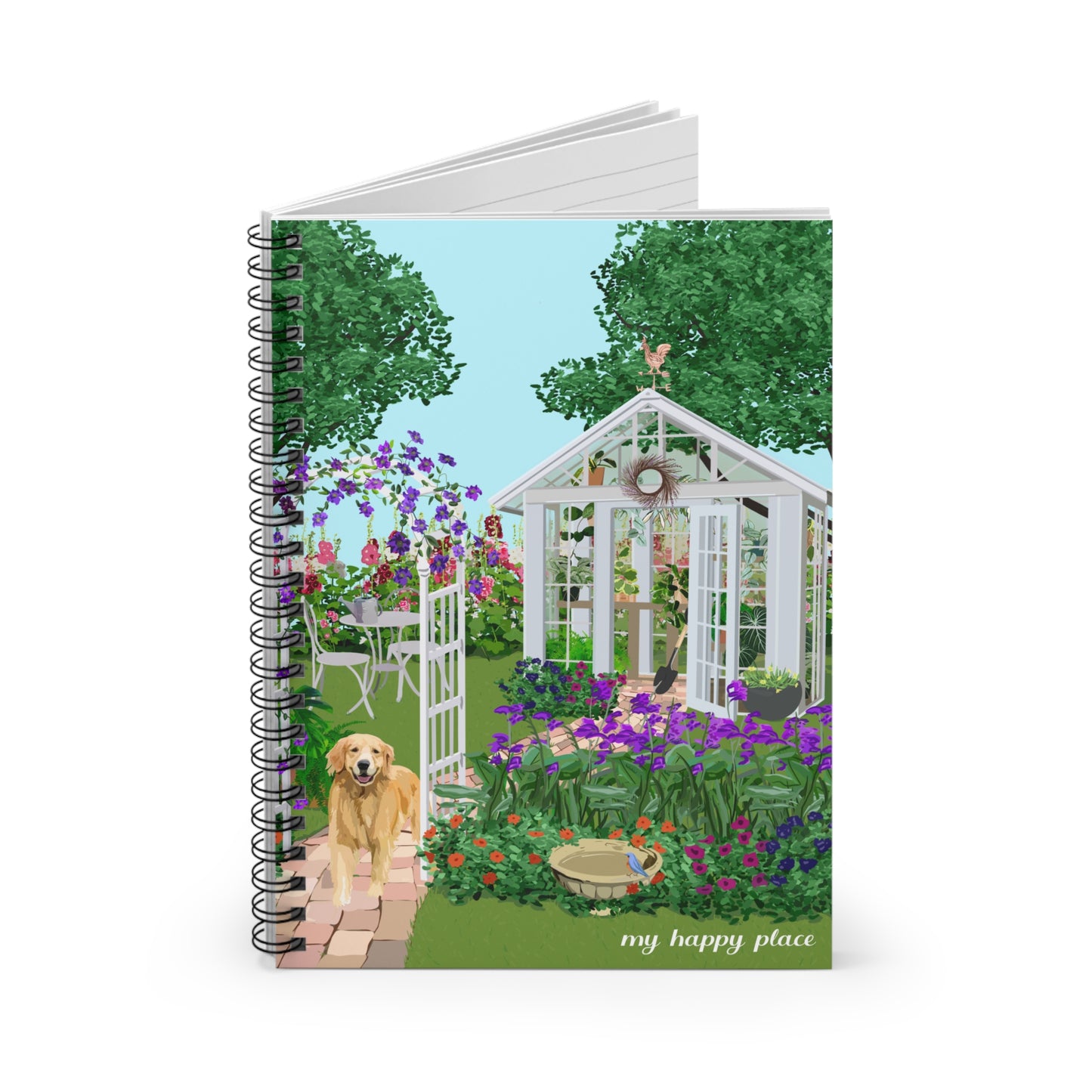 My Happy Place "Greenhouse" spiral notebook with ruled line paper. Great for writing down plant wish list, new ideas, to do list, shopping list and journal. Perfect gift for plant lovers.