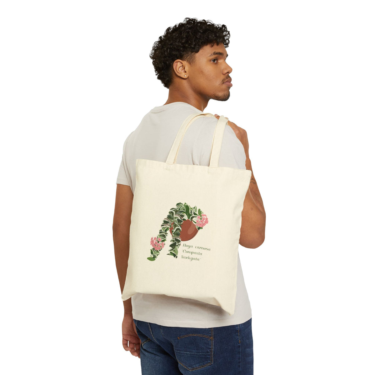 Blooming Hoya Carnosa Compacta Variegata 'Hindu Rope' Canvas Tote Bag | Potted Houseplant Illustration, Plant Lover Tote