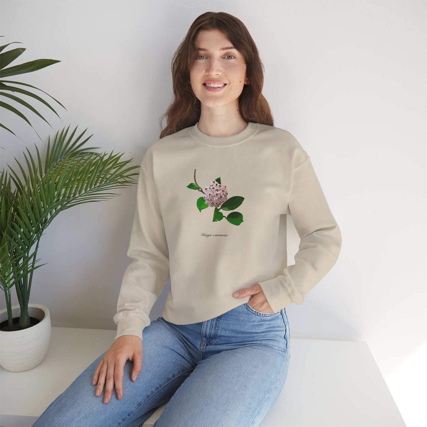 Hoya Carnosa in Bloom Plant Lover Crewneck Sweatshirt - Beige