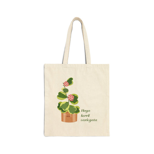 Blooming Hoya Kerrii Variegata Canvas Tote Bag | Potted Houseplant Illustration, Plant Lover Tote