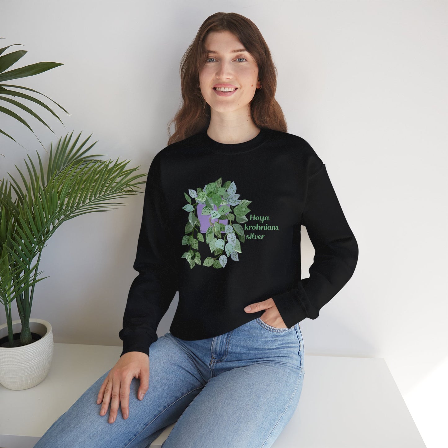 Hoya Krohniana Silver Plant Lover Crewneck Sweatshirt - Black