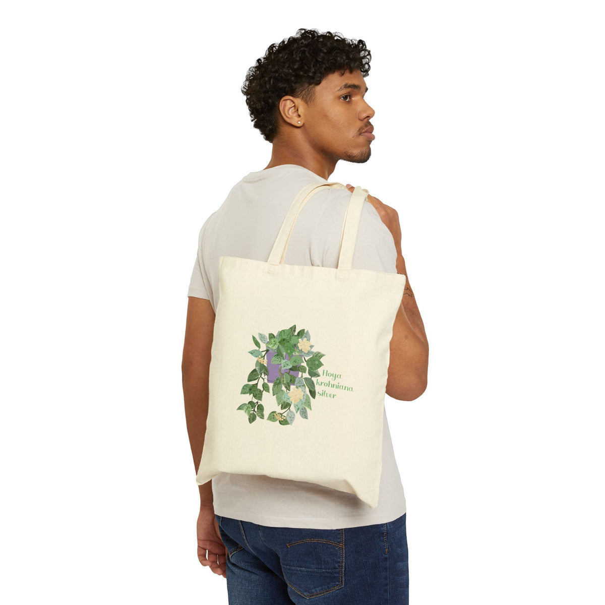 Blooming Hoya Krohniana Silver Canvas Tote Bag | Potted Houseplant Illustration, Plant Lover Tote