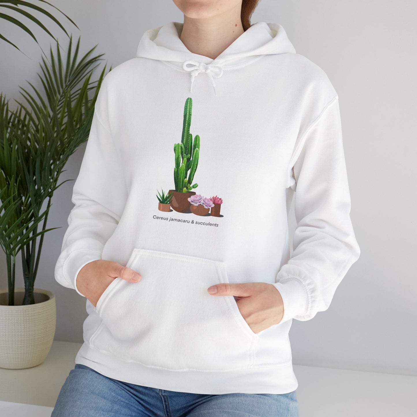 Cactus Jamacaru & Succulents Plant Hoodie - White