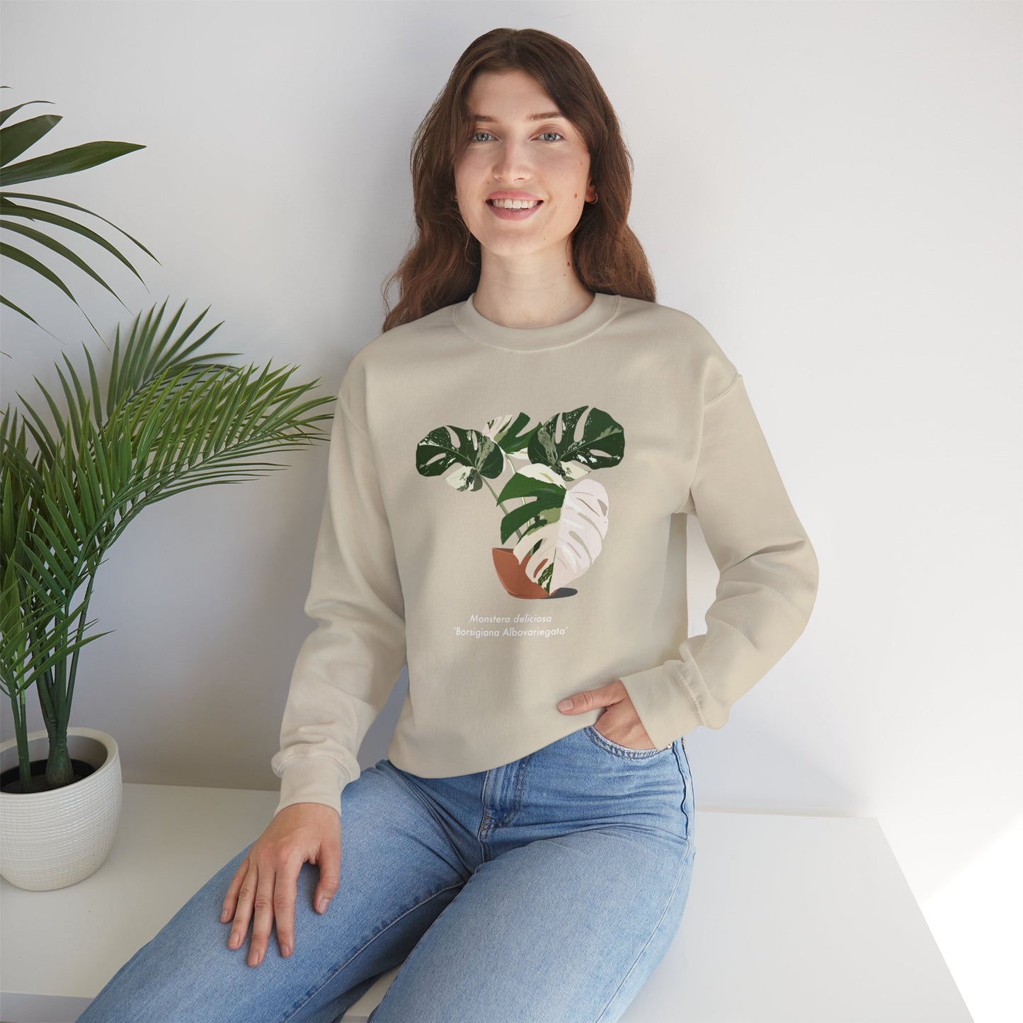 Monstera Deliciosa Borsigiana Albovariegata Plant Lover Crewneck Sweatshirt - Beige