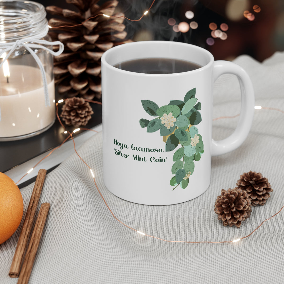Blooming Hoya Lacunosa 'Silver Mint Coin' Plant Lover Mug - White