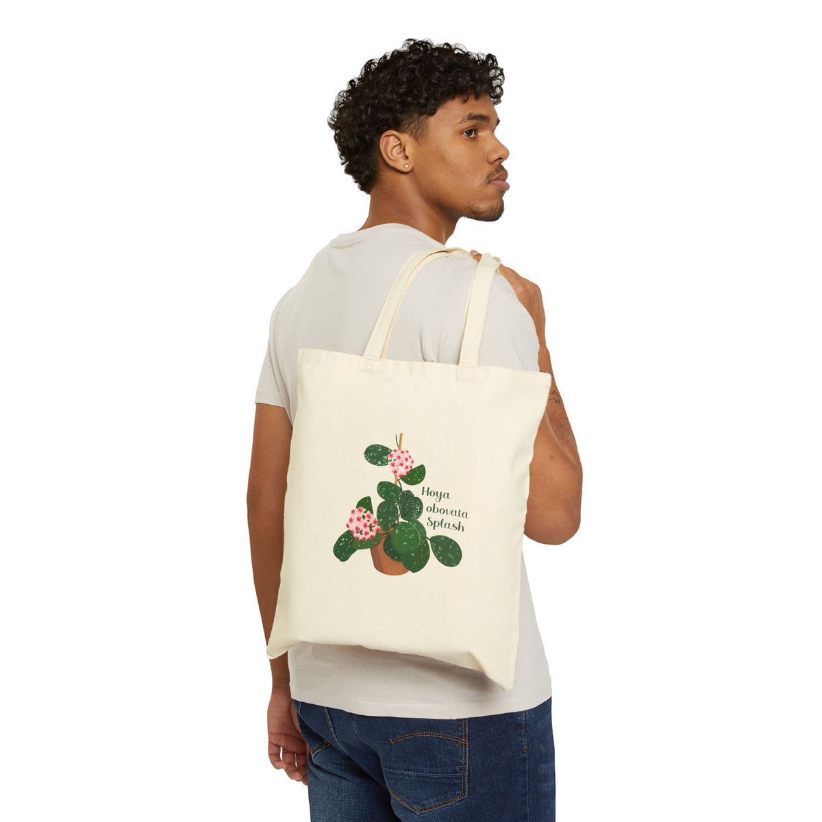 Blooming Hoya Obovata Splash Canvas Tote Bag | Potted Houseplant Illustration, Plant Lover Tote