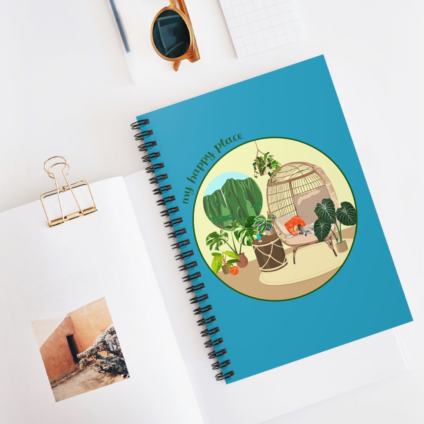 My Happy Place "Happy Hour" spiral notebook with ruled line paper. Great for writing down plant wish list, new ideas, to do list, shopping list and journal.  Perfect gift for plant lovers.