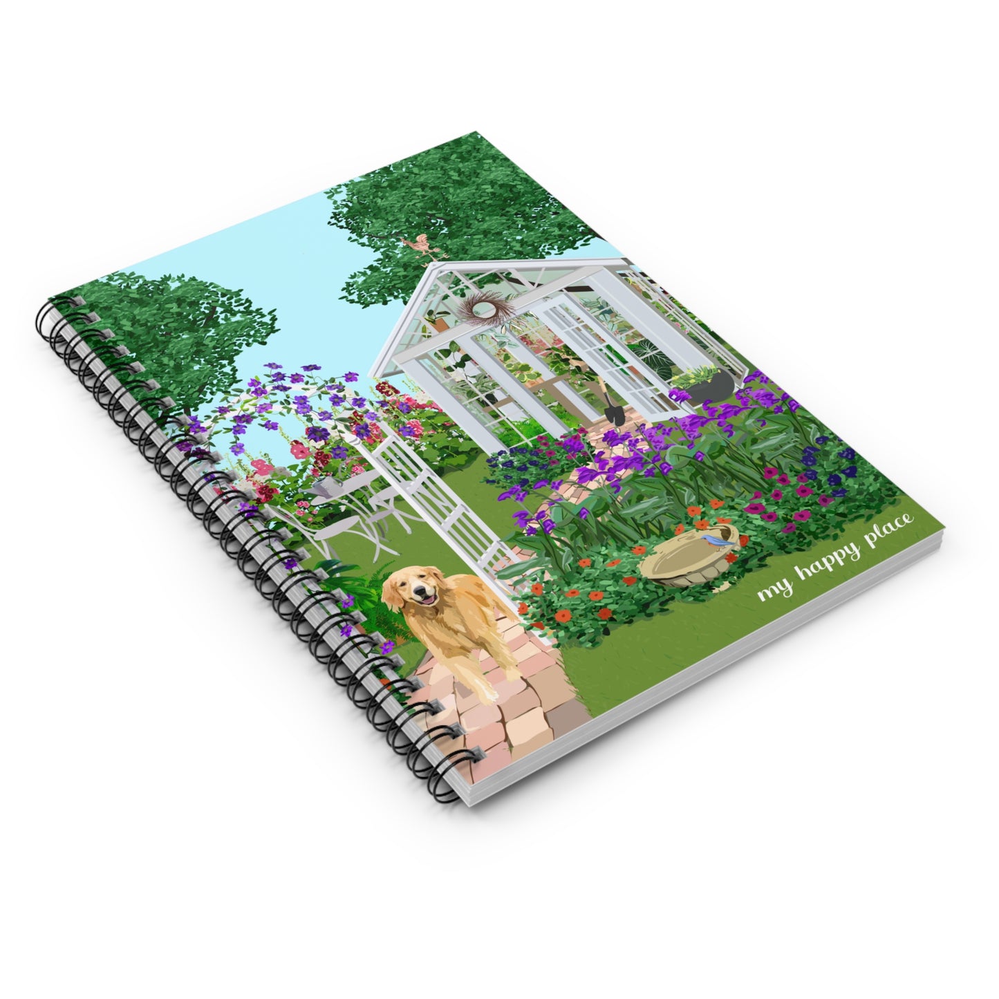 My Happy Place "Greenhouse" spiral notebook with ruled line paper. Great for writing down plant wish list, new ideas, to do list, shopping list and journal.  Perfect gift for plant lovers.