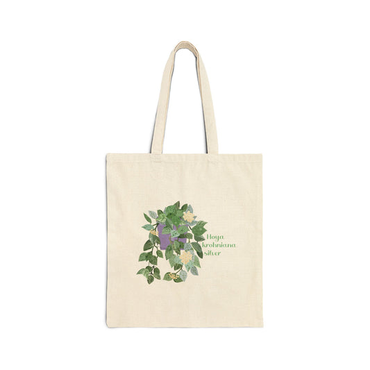 Blooming Hoya Krohniana Silver Canvas Tote Bag | Potted Houseplant Illustration, Plant Lover Tote