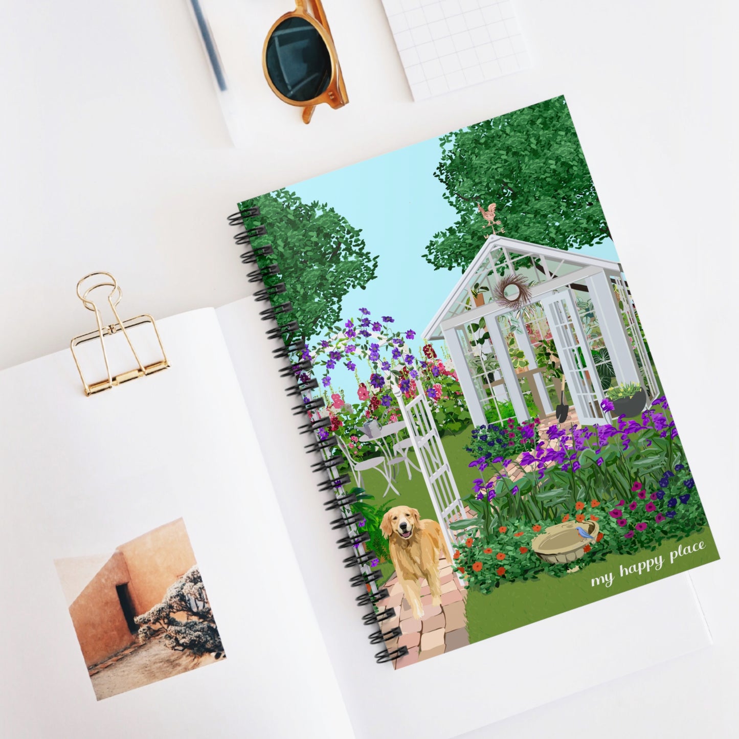 My Happy Place "Greenhouse" spiral notebook with ruled line paper. Great for writing down plant wish list, new ideas, to do list, shopping list and journal.  Perfect gift for plant lovers.