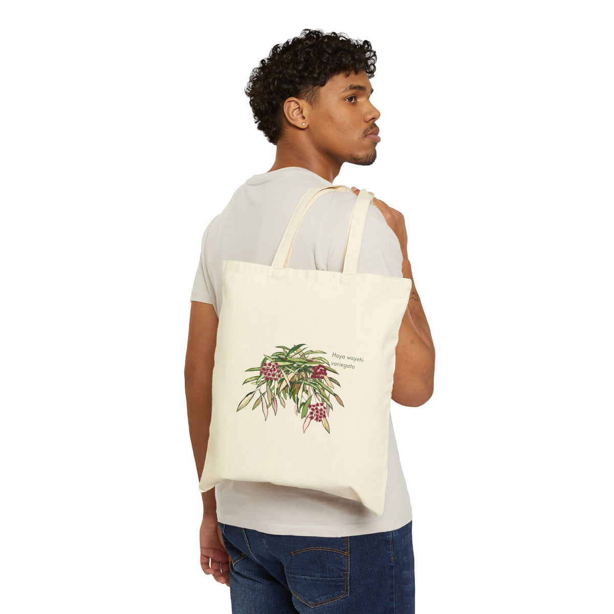 Blooming Hoya Wayettii Variegata Canvas Tote Bag | Potted Houseplant Illustration, Plant Lover Tote