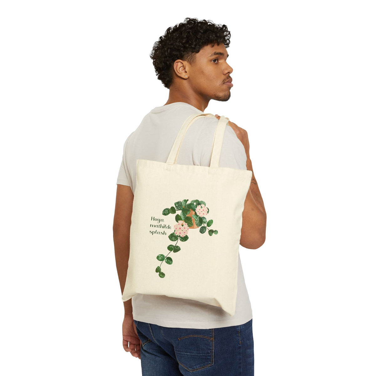 Blooming Hoya Mathilde Splash Canvas Tote Bag | Potted Houseplant Illustration, Plant Lover Tote