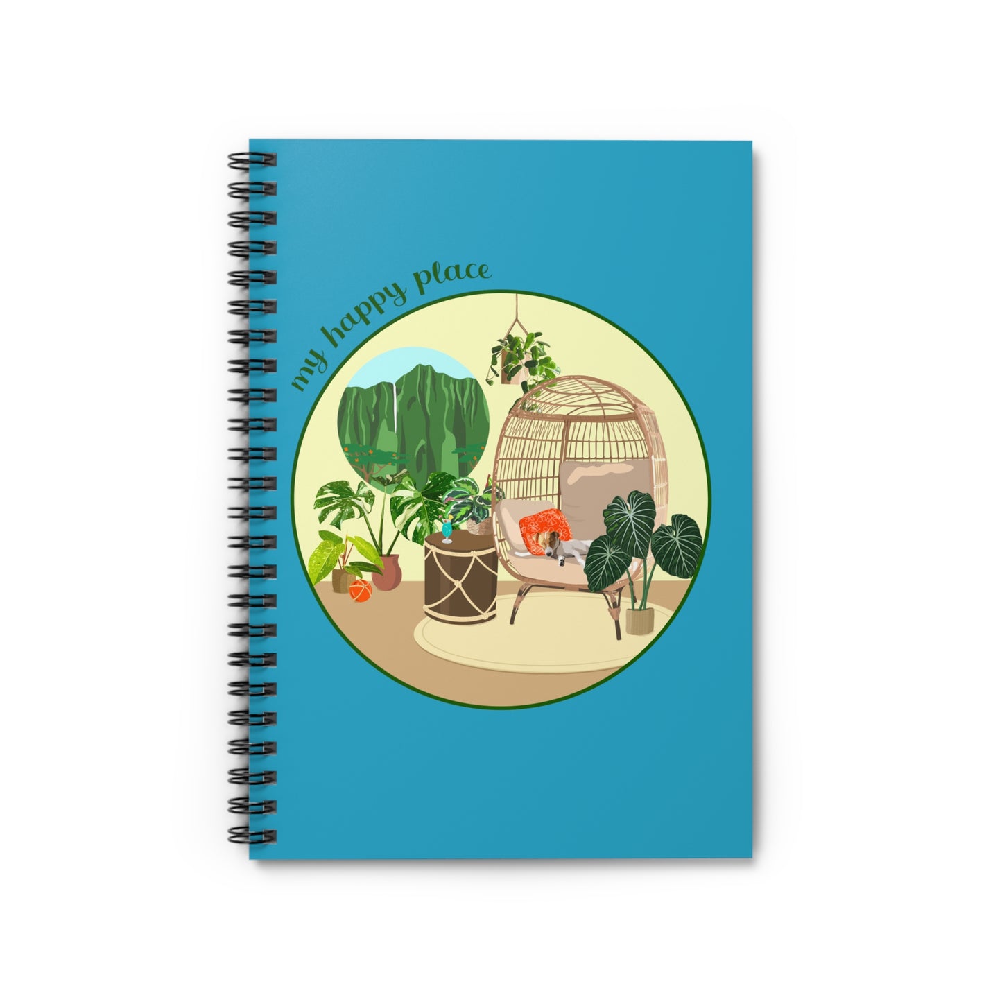 My Happy Place "Happy Hour" spiral notebook with ruled line paper. Great for writing down plant wish list, new ideas, to do list, shopping list and journal.  Perfect gift for plant lovers.