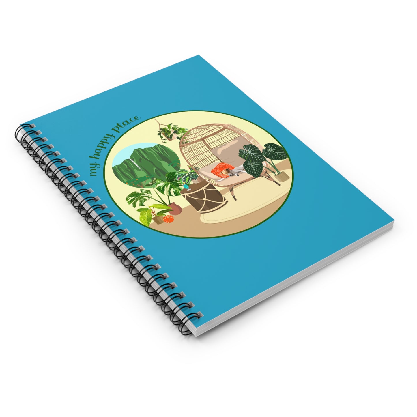 My Happy Place "Happy Hour" spiral notebook with ruled line paper. Great for writing down plant wish list, new ideas, to do list, shopping list and journal.  Perfect gift for plant lovers.